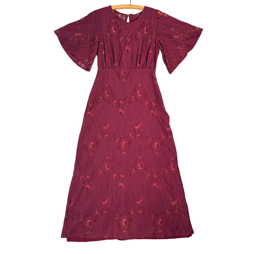 Shabby Chic Maxi Dress Size S Burgundy Lace Flutter Sleeve Whimsigoth Fairycore‎